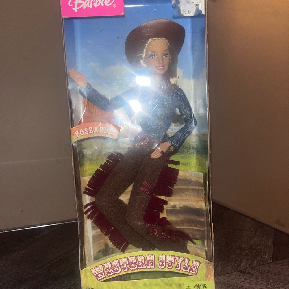 Barbie Poseable Doll in Brown Hat, Denim Blue Top & Brown Fringe Chaps